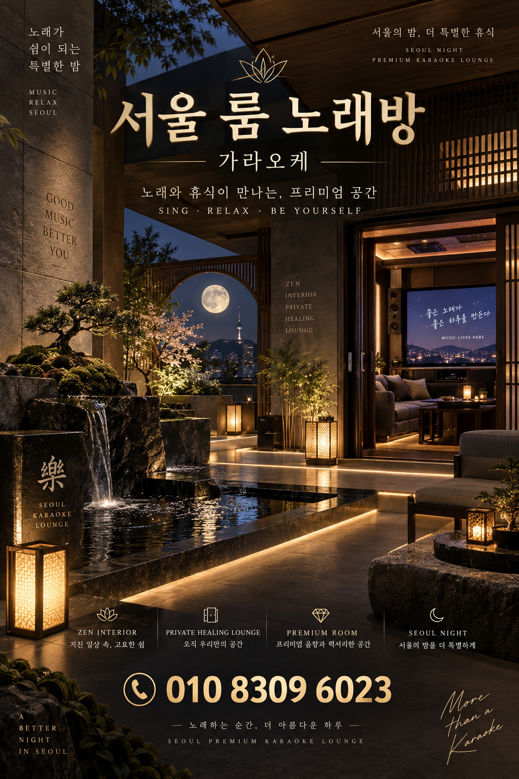 가락동 가라오케 · 서울 룸 노래방 홍보 포스터, 정원과 달빛 라운지